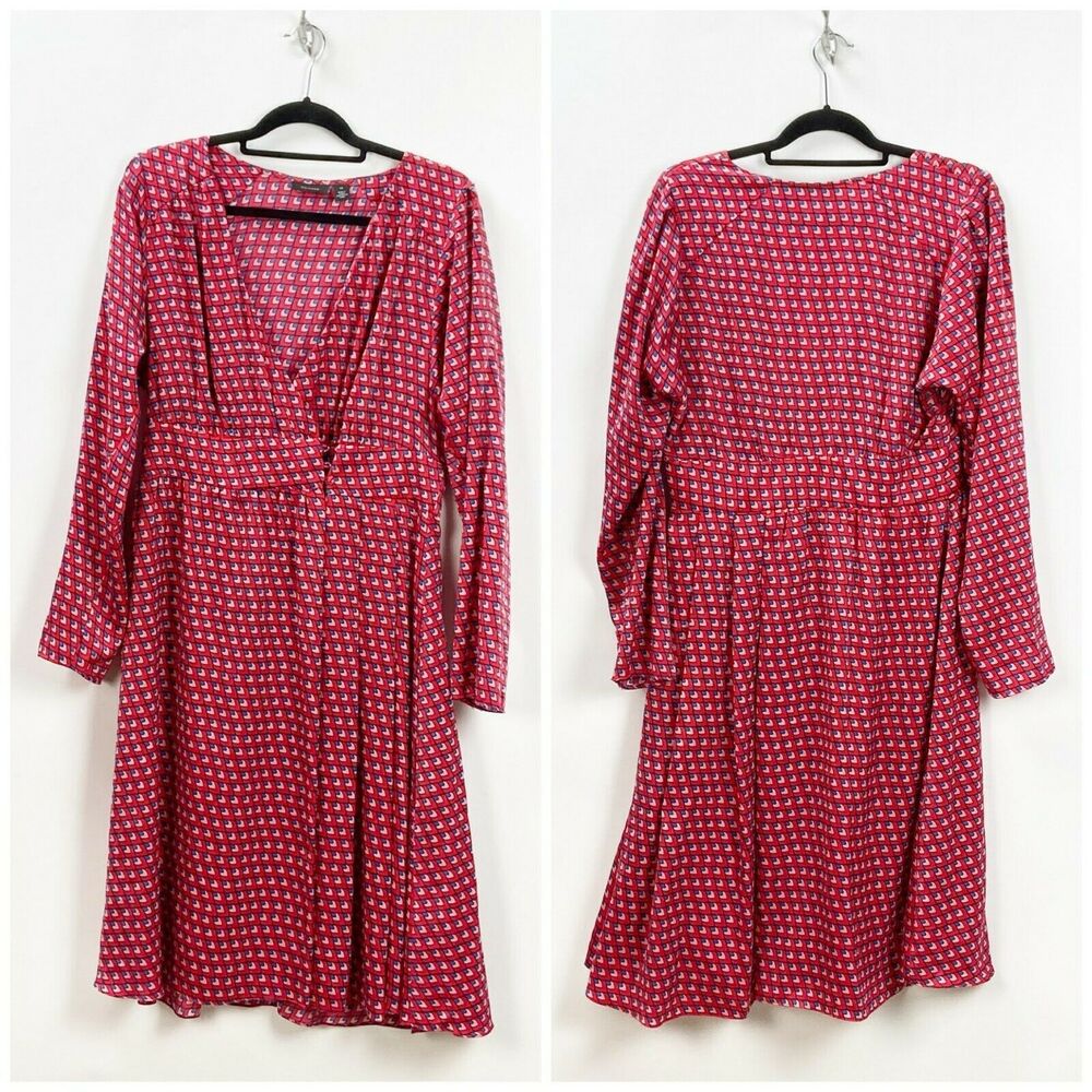 2/$30 Halogen 12 Womens Red Blue Print Satin Surplice Faux Wrap Dress